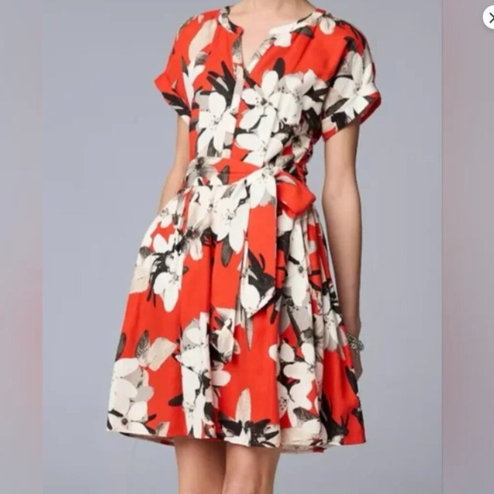 Simply Vera Vera Wang-Floral Red-Orange/White/Gray/Black Dress-NWT Size Small